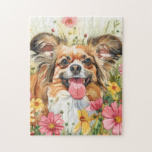 Papillon Pussel – Akvarell Hund Konst (Vertikal)