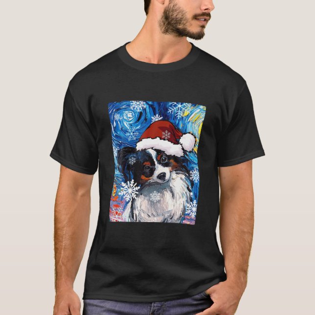 Papillon Santa Van Gogh Hund Gift, Hund T Shirt (Framsida)