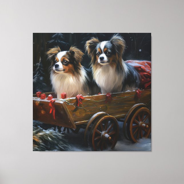 Papillon Snowy Sleigh-juldekretet Canvastryck (Framsida)
