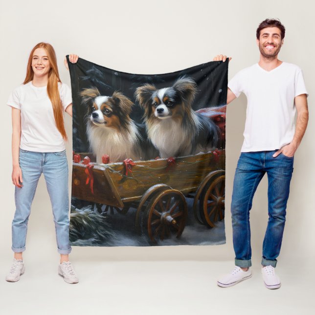 Papillon Snowy Sleigh-juldekretet Fleecefilt (På plats)