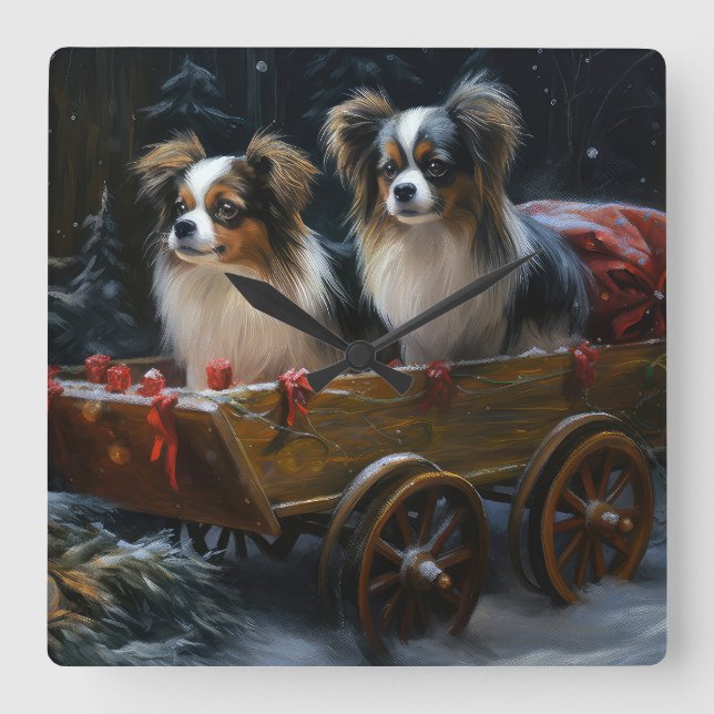 Papillon Snowy Sleigh-juldekretet Fyrkantig Klocka (Framsida)