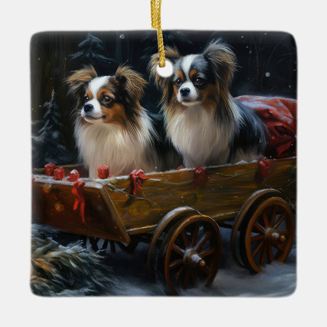 Papillon Snowy Sleigh-juldekretet Julgransprydnad Keramik (Framsida)
