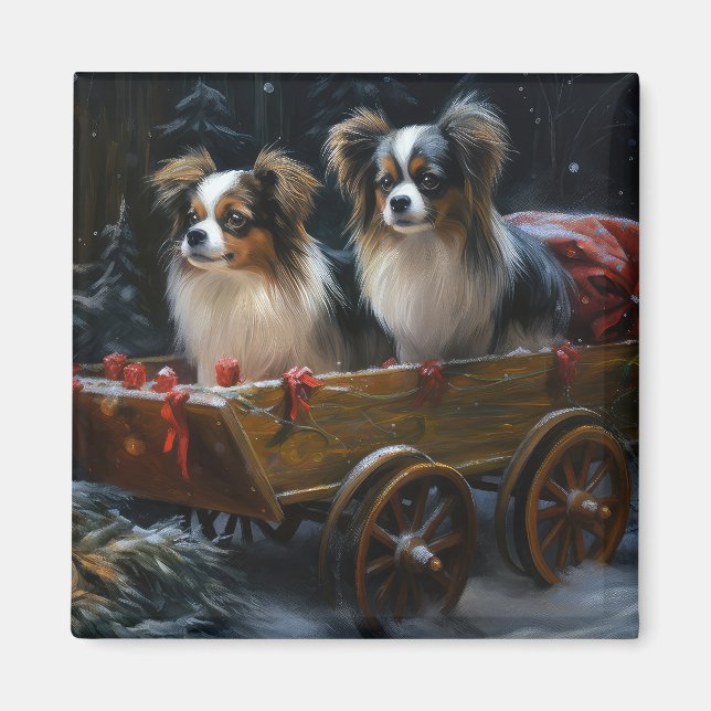 Papillon Snowy Sleigh-juldekretet Magnet (Framsidan)