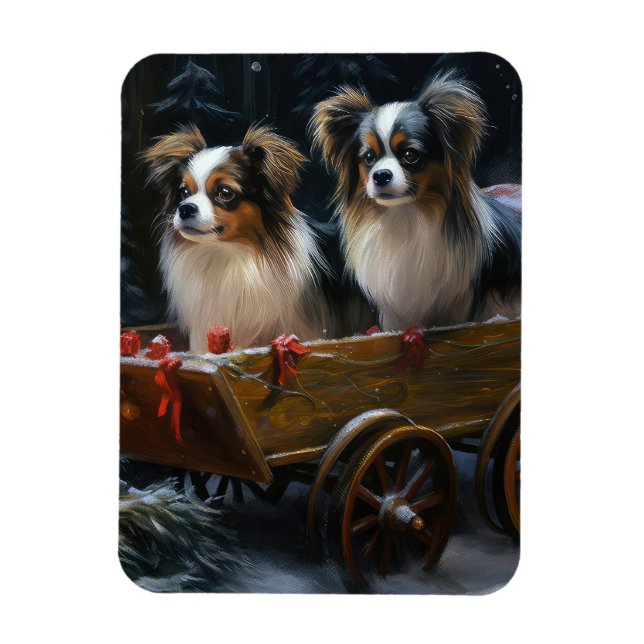 Papillon Snowy Sleigh-juldekretet Magnet (Vertikal)