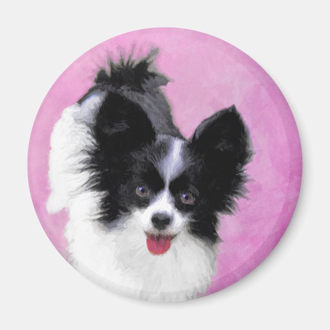 Papillon (Vit och Svart) Målning - Hund Konst Magnet (Framsidan)