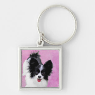 Papillon (vit och svart) målning - hundkonst fyrkantig silverfärgad nyckelring
