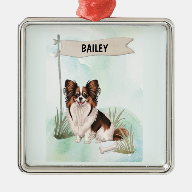 Papillon Watercolor Personalized Dog Julgransprydnad Metall (Framsidan)
