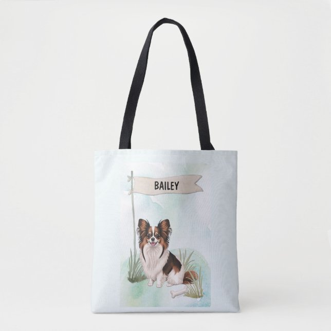 Papillon Watercolor Personalized Dog Tygkasse (Framsida)