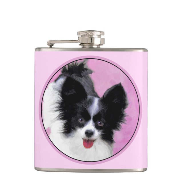 Papillonfärg (vit och svart) - Hund Art Fickplunta (Framsidan)