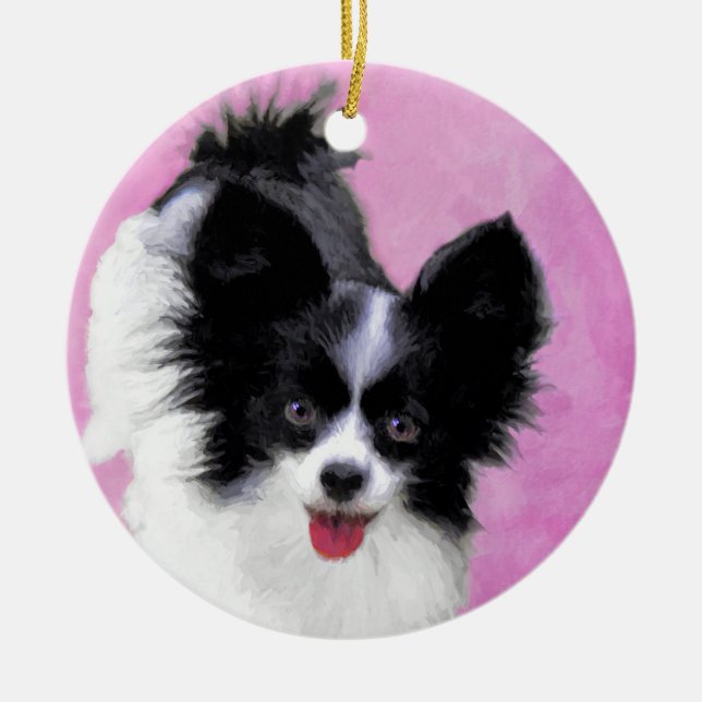 Papillonfärg (vit och svart) - Hund Art Julgransprydnad Keramik (Framsidan)