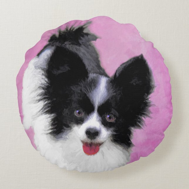 Papillonfärg (vit och svart) - Hund Art Rund Kudde (Baksidan)