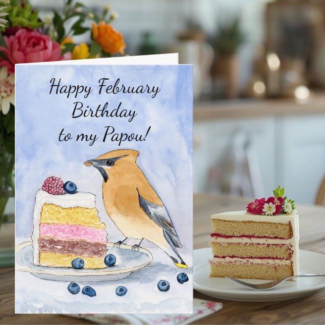 Papou Glad födelsedag i februari Cedar Waxwing Tår Kort (Skapare uppladdad)