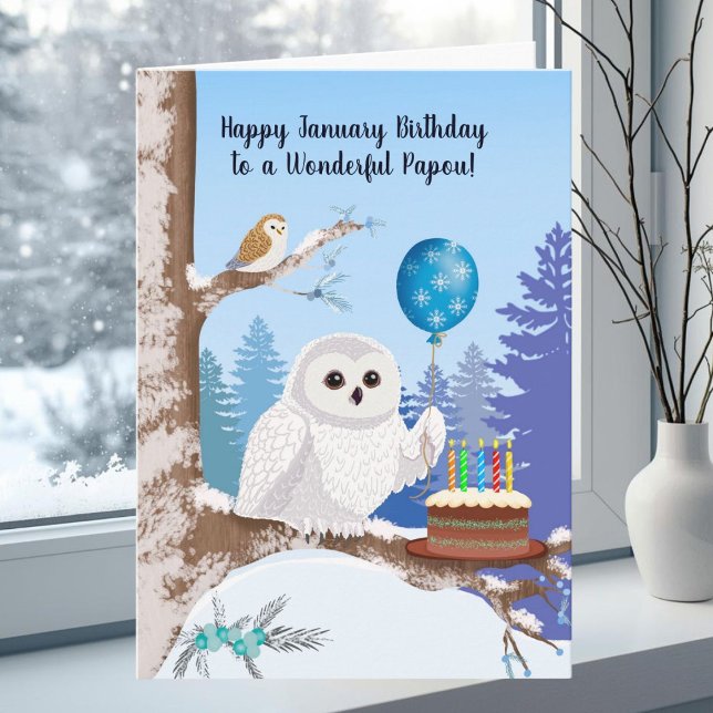 Papou Happy January Birthday Snowy Owl Kort (Skapare uppladdad)