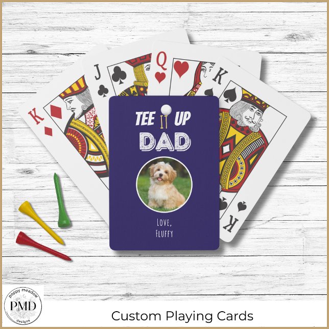 Pappa Anpassningsbar Foto Fars dag marin Blue Casinokort (Custom Father's Day Pet Photo Tee It Up Dad Navy Playing Cards. Add your Photo, Pet's Name.)