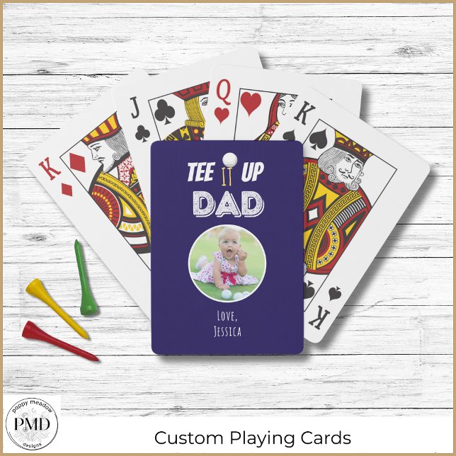 Pappa Anpassningsbar Foto Fars dag marin Blue Casinokort (Custom Father's Day Photo Tee It Up Dad Navy Playing Cards. Add your Photo, Child's Name.)