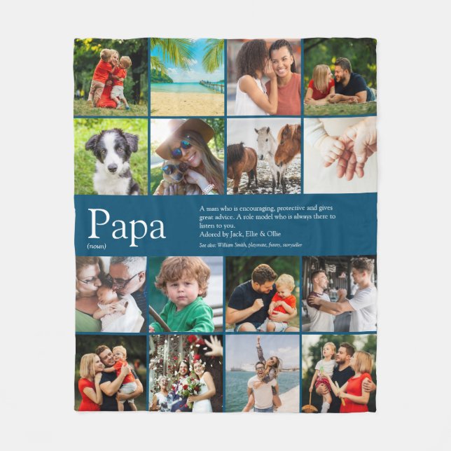 Pappa Definition Quote Photo Collage Blue Fleecefilt (Framsidan)