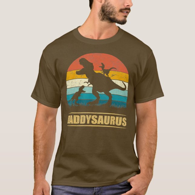 Pappa Dinosaur Daddysaurus 2 barn Fars dag T Shirt (Framsida)