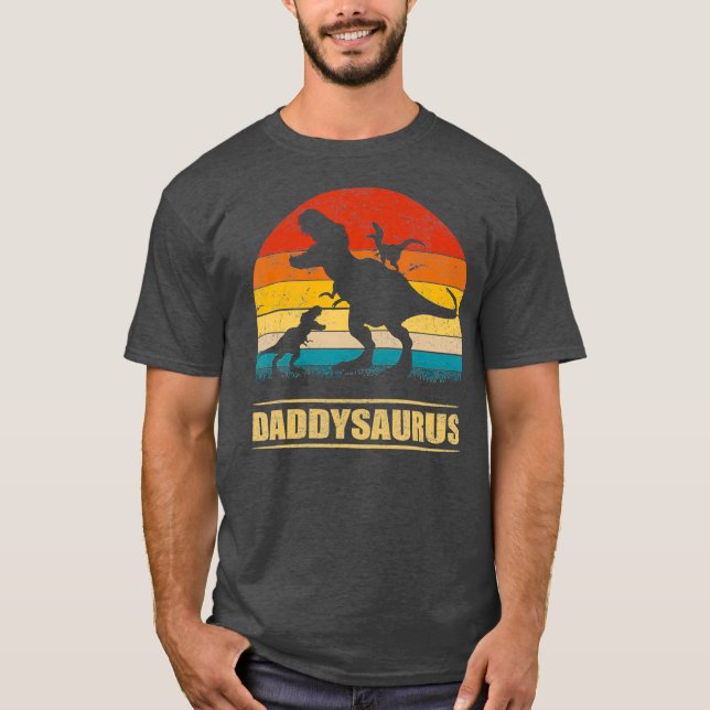 Pappa Dinosaur Daddysaurus 2 Två barn Gift Tee (Framsida)