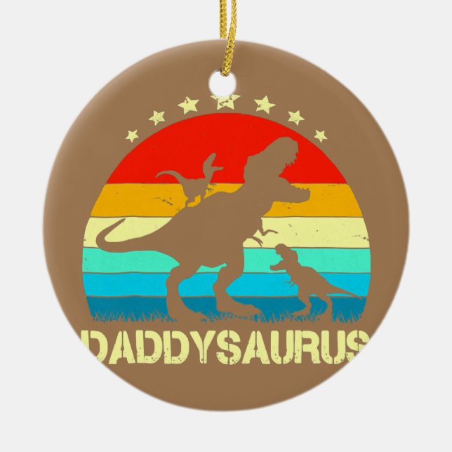 Pappa Dinosaur Daddysaurus 2 Two Kids Far Julgransprydnad Keramik (Framsidan)