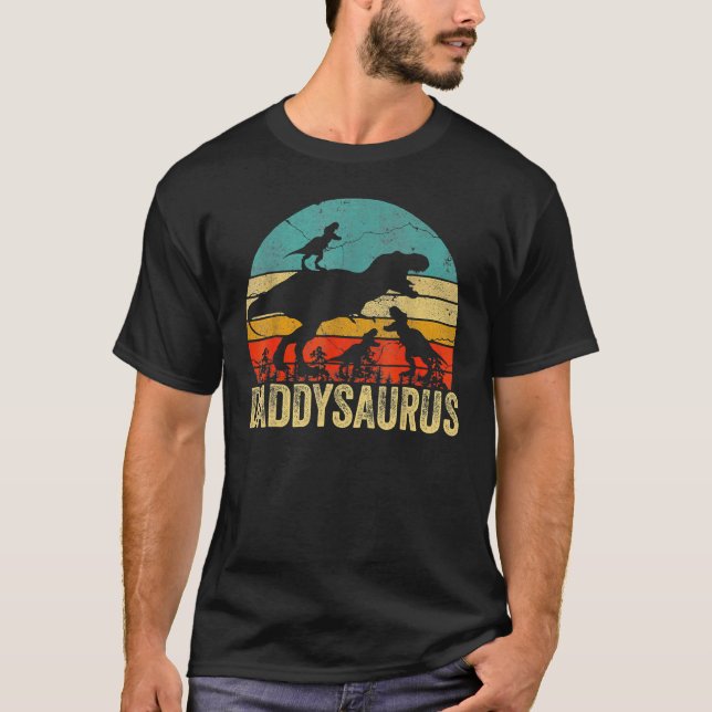 Pappa Dinosaur Daddysaurus 3 Två barn Fars dag T Shirt (Framsida)