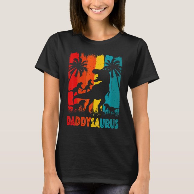 Pappa Dinosaur Daddysaurus 4 fyra barn till Far T Shirt (Framsida)