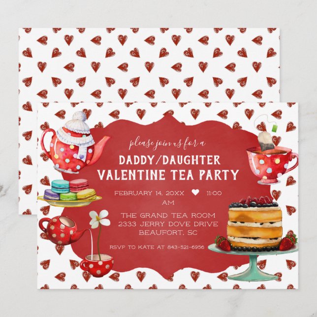 Pappa/Dotter Valentine Tea Party Inbjudningar (Fram/baksida)