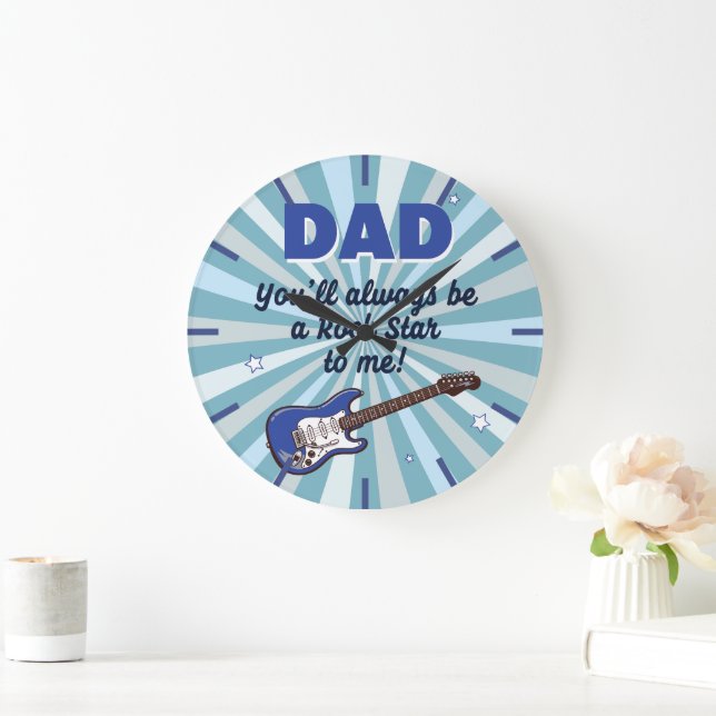 Pappa Elgitarr Rockstjärna Cool Blå Stor Klocka (Hem)