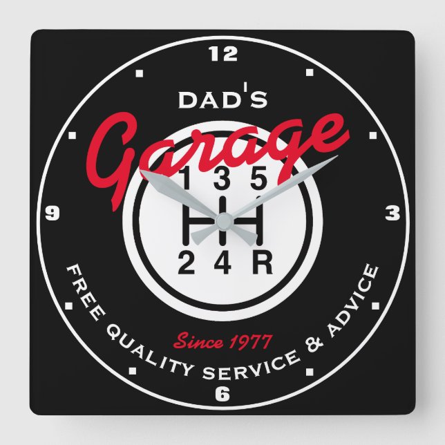 Pappa eller Any Namn Garage Black White Shift Knob Fyrkantig Klocka (Framsida)