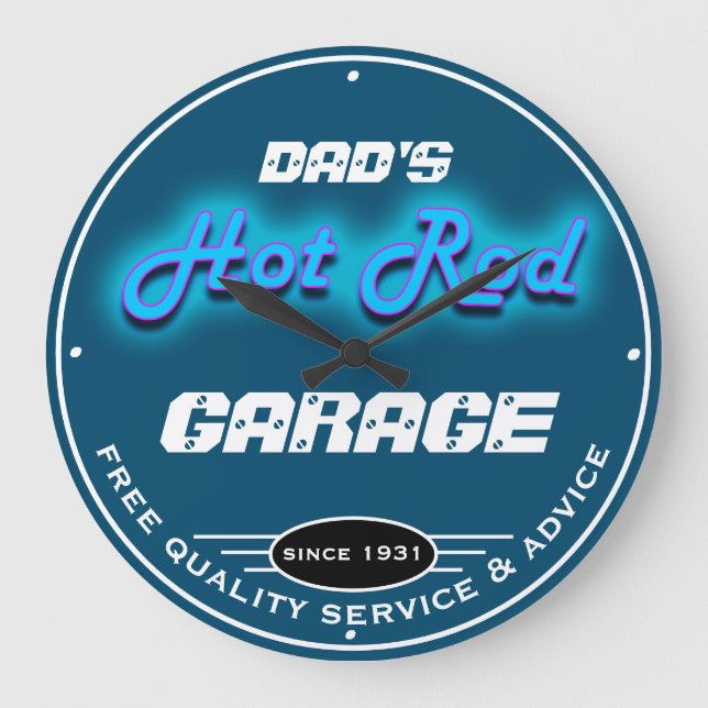 Pappa eller Any Namn Garage Blue Faux Neon look Stor Klocka (Framsida)