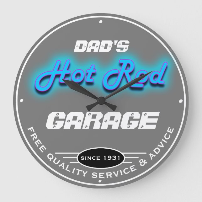 Pappa eller Any Namn Garage Grått Faux Neon Titta  Stor Klocka (Framsida)