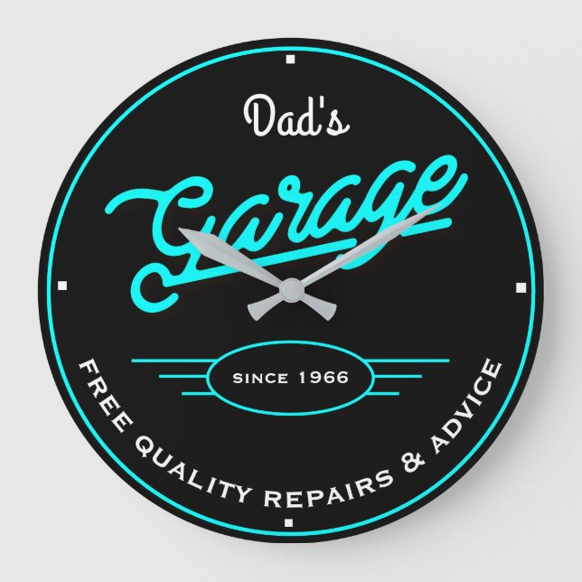 Pappa eller Any Namn Garage Retro Aqua och Slogan Stor Klocka (Framsida)