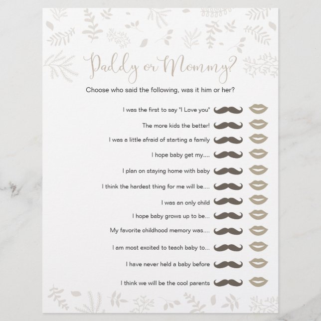 Pappa eller Mamma Forest Löv Baby Shower Game (Framsida)