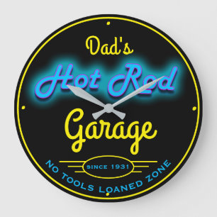 Pappa eller någon Namn Garage Blue Faux Neon Effec Stor Klocka