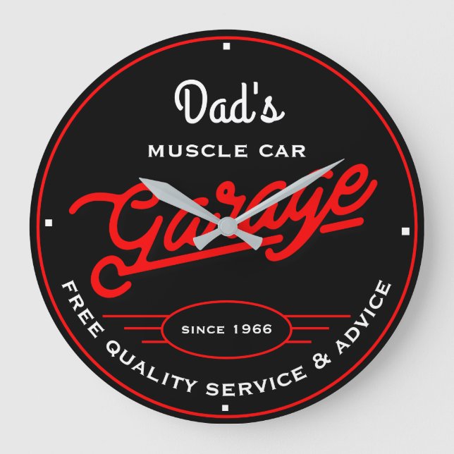 Pappa eller någon Namn Garage Red och White Retro Stor Klocka (Framsida)