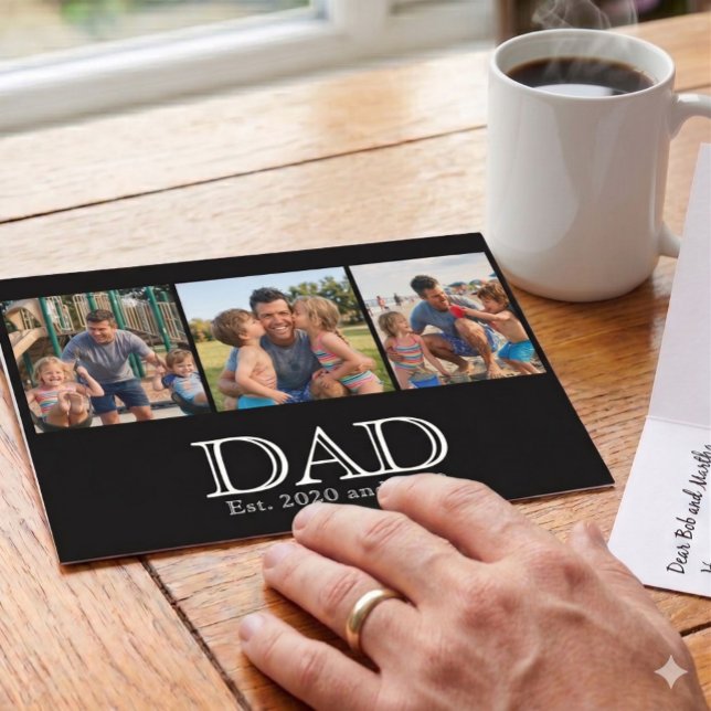 Pappa Est. Vit Fet Minimalistisk Text 3 Bilder Kort (Skapare uppladdad)