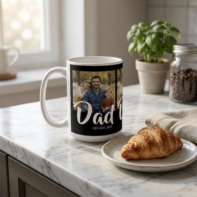 Pappa Established Script Svart 3 Foto Kaffemugg (Dad Established Script Black 3 Photo Coffee Mug)