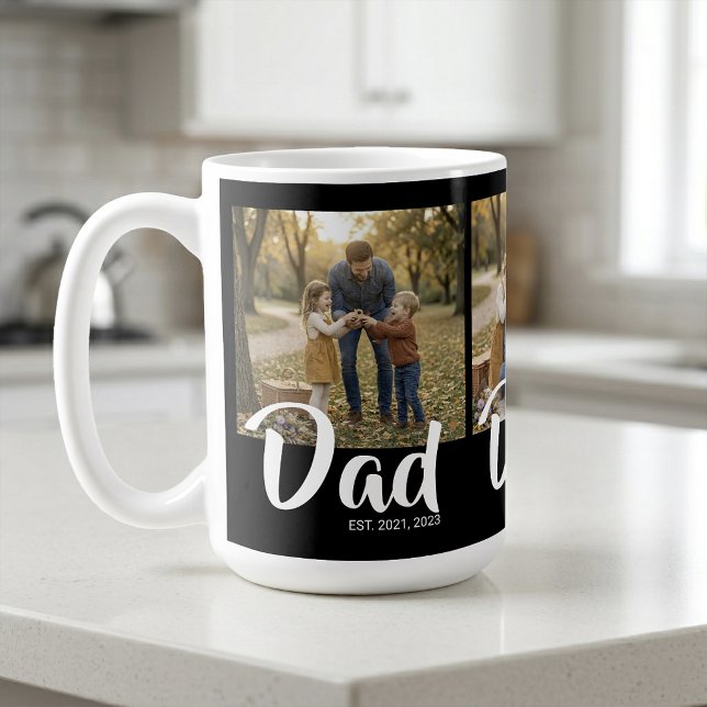Pappa Established Script Svart 3 Foto Kaffemugg (Dad Established Script Black 3 Photo Coffee Mug)