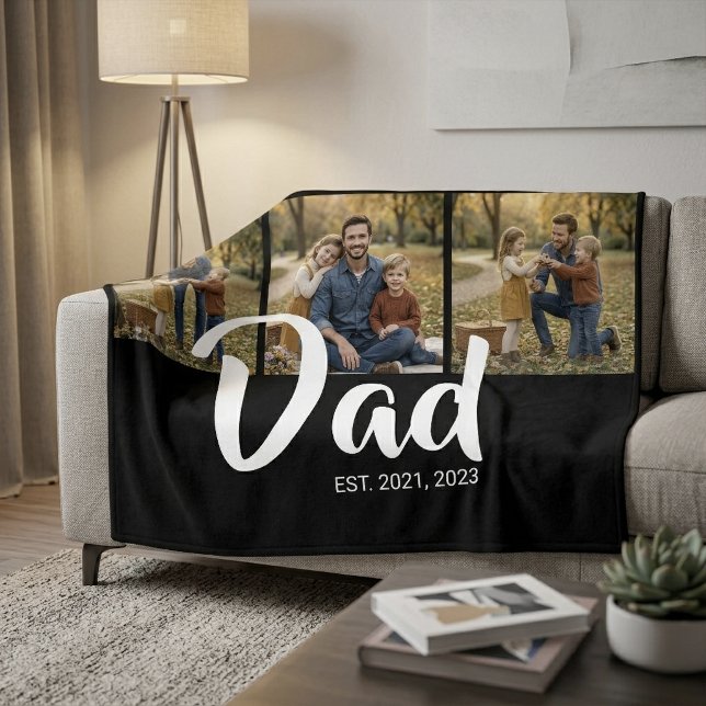 Pappa etablerade elegant svart skript 3 Foto Fleecefilt (Dad Established Elegant Script Black 3 Photo Fleece Blanket)