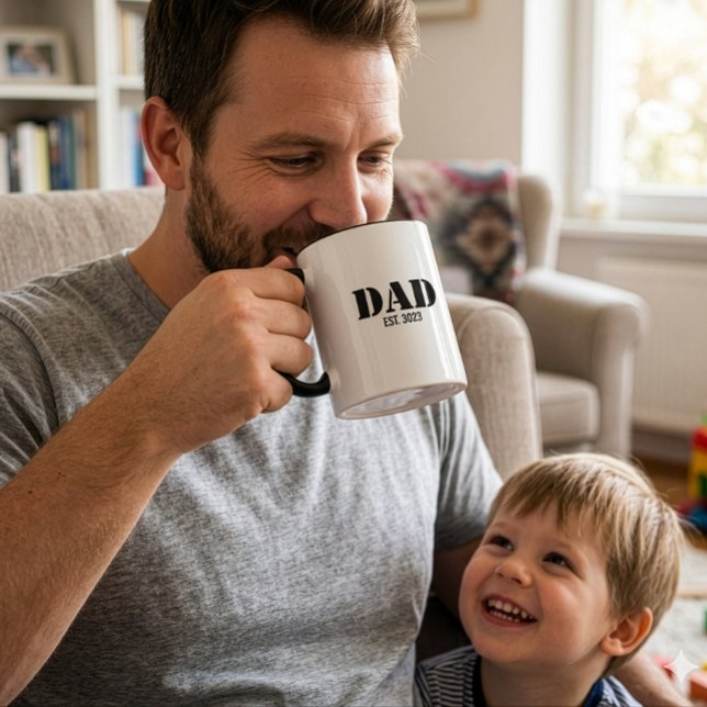 Pappa Etablerade Enkel Fet Svart Teckensnitt Mugg (Dad Established Simple Bold Black Text on a White Mug with Black handle and inside)