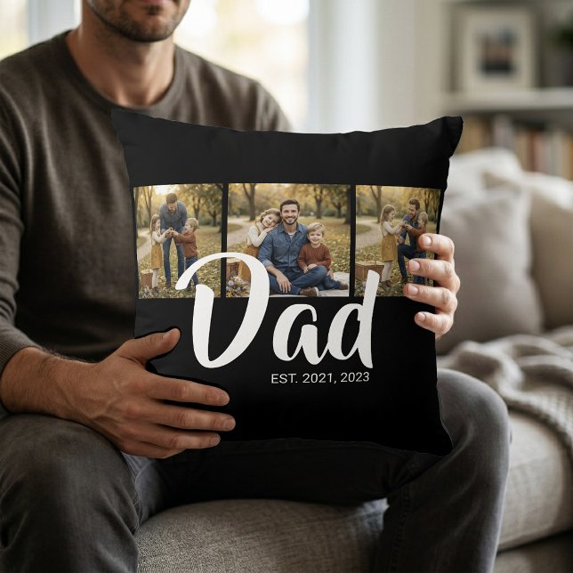 Pappa etablerade modernt manus svart 3 foto kudde (Dad Established Modern Script Black 3 Photo Throw Pillow)