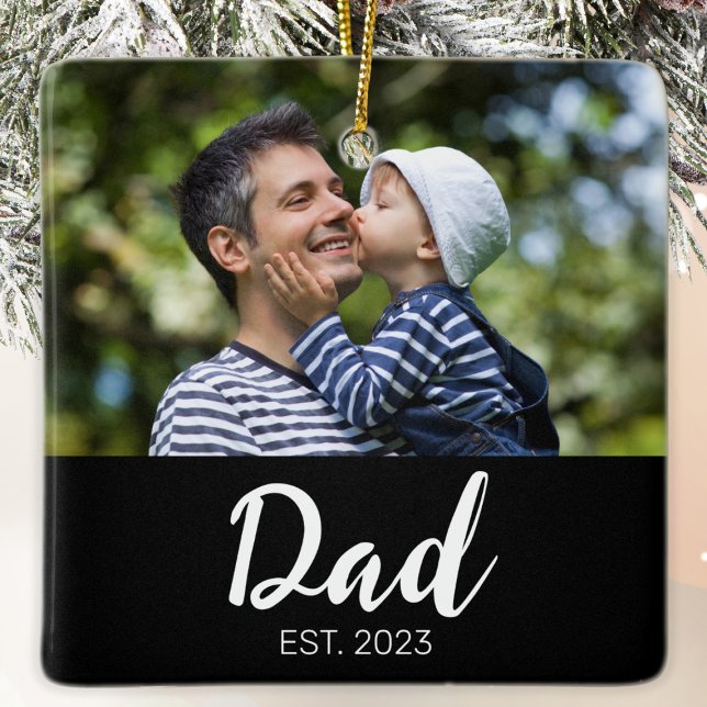 Pappa etablerade svart-vit skriptfoto julgransprydnad keramik (Skapare uppladdad)
