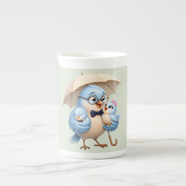 Pappa Fågel Familj Specialmugg Benporslin Mugg (Framsidan)