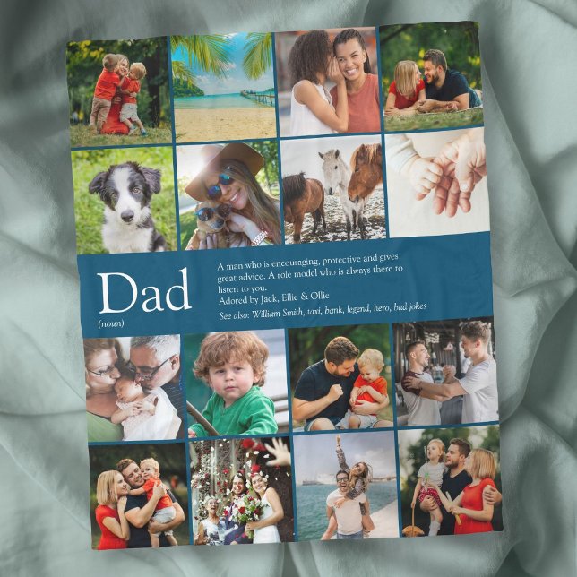 Pappa Far Definition 16 Fotokollage Blå Fleecefilt (Dad Papa Father Definition 16 Photo Collage Blue Fleece Blanket)