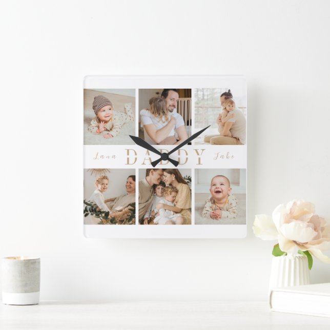 "Pappa" Fars dag Kids Collage Wall Clock Fyrkantig Klocka (Hem)