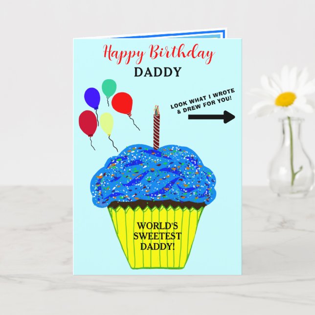 Pappa Födelsedag Blå Cupcake Skriv Ritad Meddeland Kort (Liten växt)