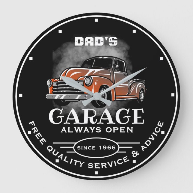 Pappa Garage Any Namn Alltid Öppna Rusty Lastbil Stor Klocka (Framsida)