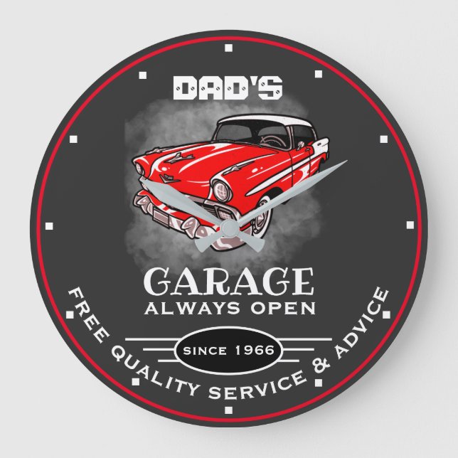 Pappa Garage Any Namn Open Red Car Grått Stor Klocka (Framsida)