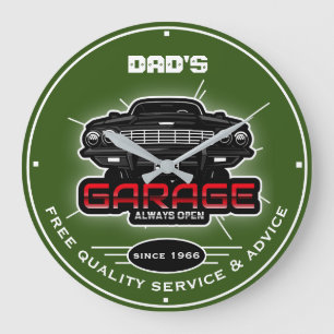 Pappa Garage eller Any Namn Always Open Grönt Stor Klocka