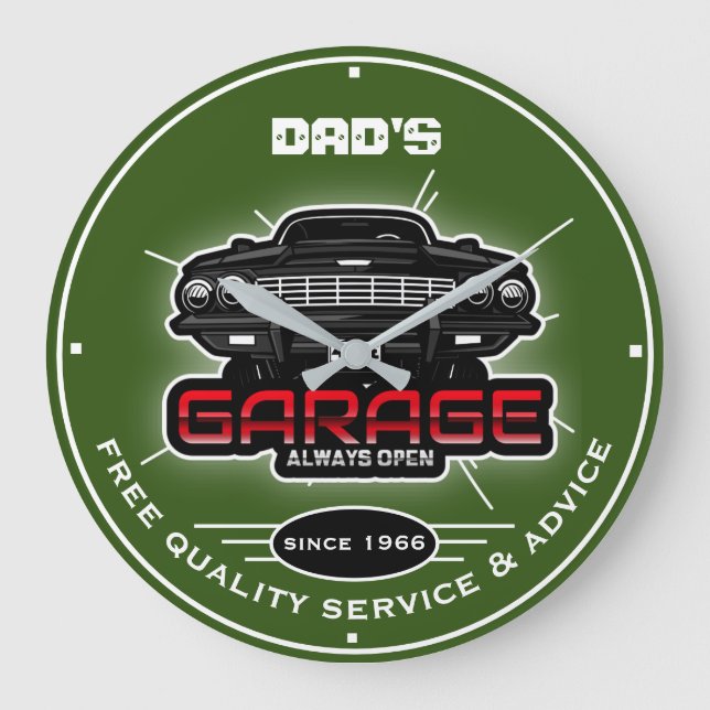 Pappa Garage eller Any Namn Always Open Grönt Stor Klocka (Framsida)