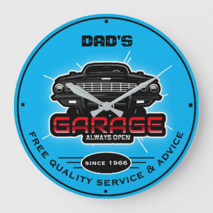 Pappa Garage eller Any Namn Always Open Himlar Blu Stor Klocka